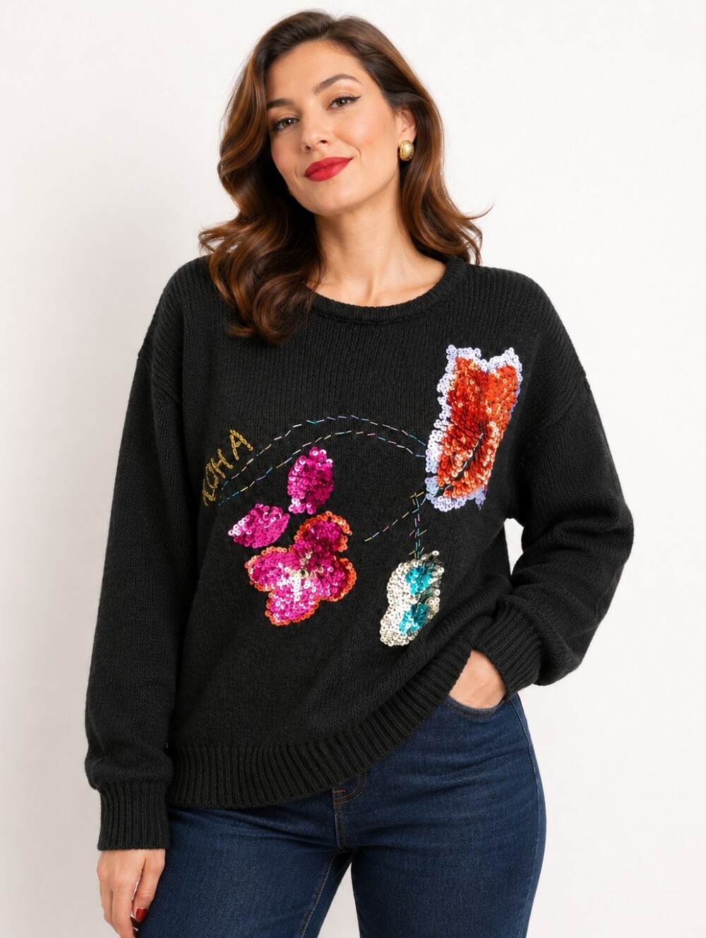 Vintage 80s‎ oversized floral crew neck Sequin Silk Angora sweater L